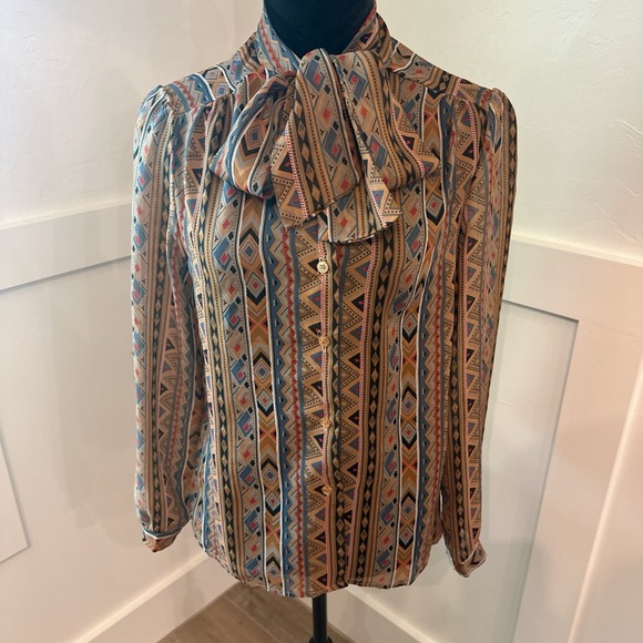 Geometric Patterned Blouse with Bow Tie - Picture 2 of 3